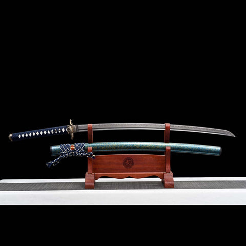 Handmade Japanese Samurai Katana,T10 Steel Blade Leaf Pattern Hamon with Bo-hi Snake Pattern Fitting Blue-green Saya-COOLKATANA-QQ-0232-U