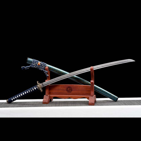 Handmade Japanese Samurai Katana,T10 Steel Blade Leaf Pattern Hamon with Bo-hi Snake Pattern Fitting Blue-green Saya-COOLKATANA-QQ-0232-U