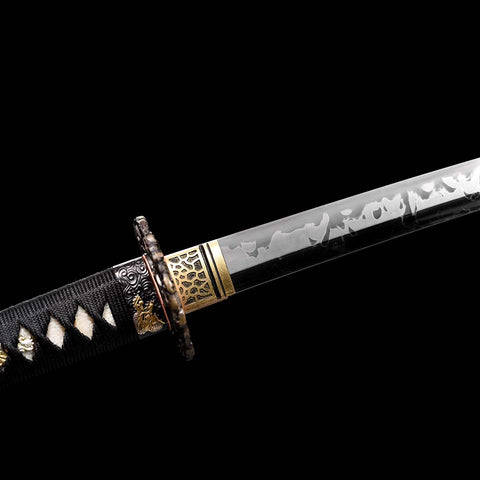 Handmade Japanese Samurai Katana,T10 Steel Blade Hitatsura Hamon Green Hardwood Saya Dragon Pattern Fitting-COOLKATANA