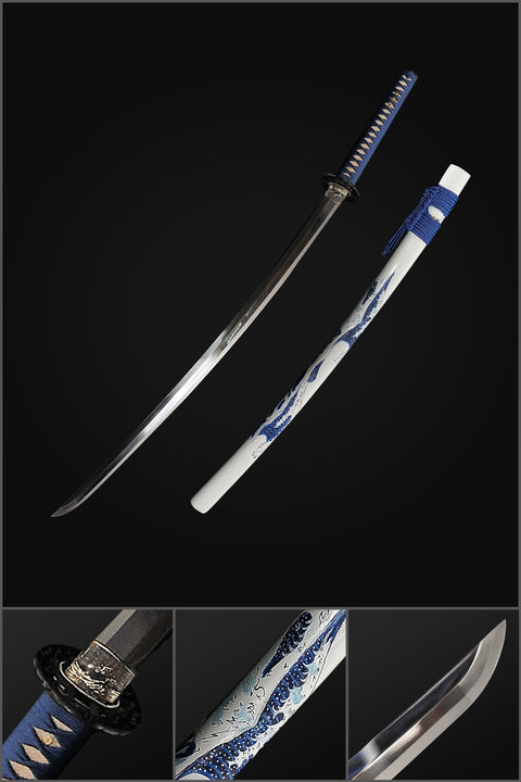 Hand Forged Japanese Samurai Katana Sword 1095 High Carbon Steel Hand-Drawn Wave Saya-COOLKATANA