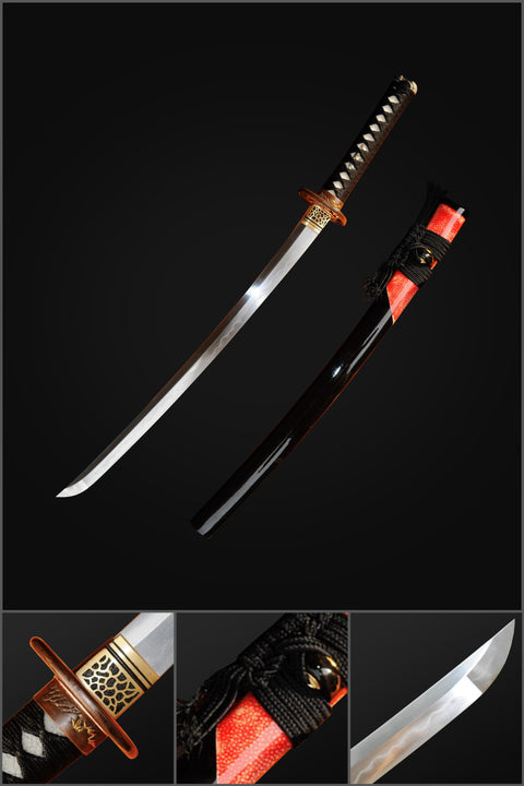 Hand Forged Japanese Wakizashi Sword Honsanmai 1095 Carbon Steel+Folded Clay Tempered Steel-COOLKATANA