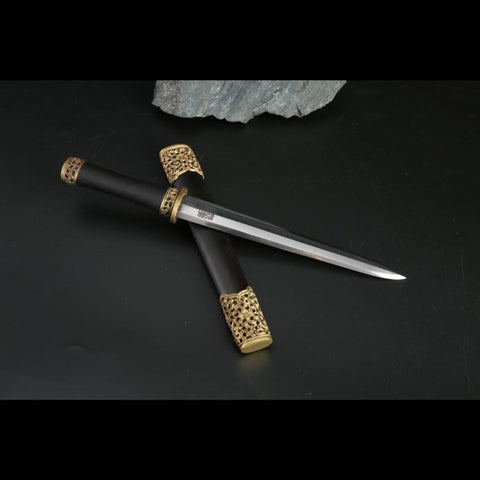 Handmade Chinese Sword Mini Longquan Short Sword Folded Steel Blade Ebony Scabbard-COOLKATANA