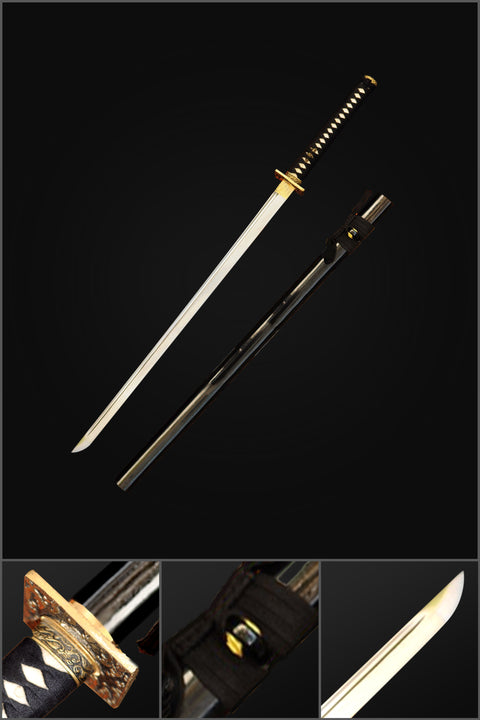 Hand Forged Japanese Ninjato Chokuto Straight Blade Sword Folded Steel Square Brass Tsuba-COOLKATANA