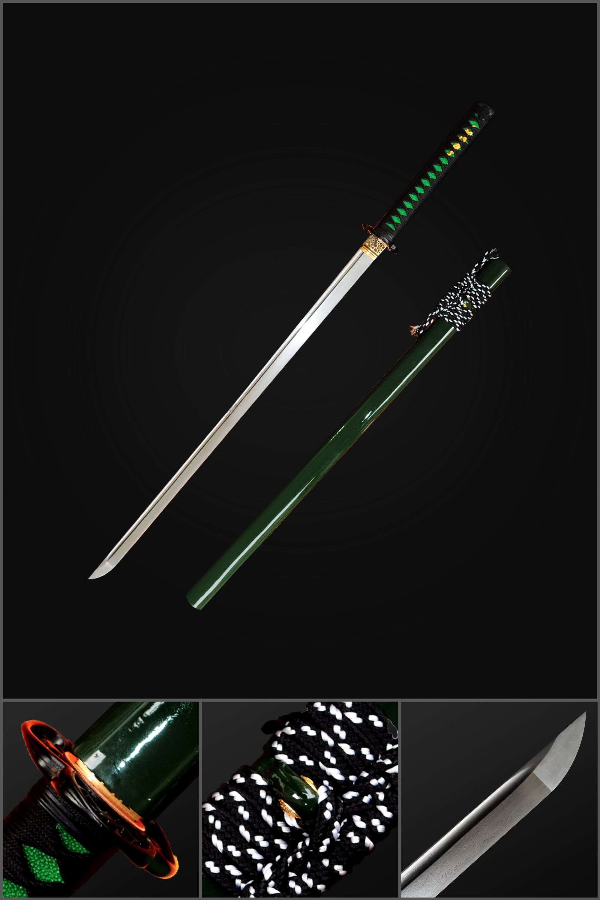 Hand Forged Japanese Ninja Sword Folded Steel Chokuto Iron Tsuba Green Saya