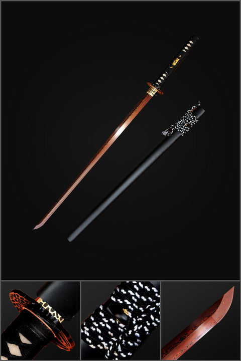 Hand Forged Japanese Ninja Sword Folded Steel Reddish Black Blade Iron Crane Tsuba-COOLKATANA
