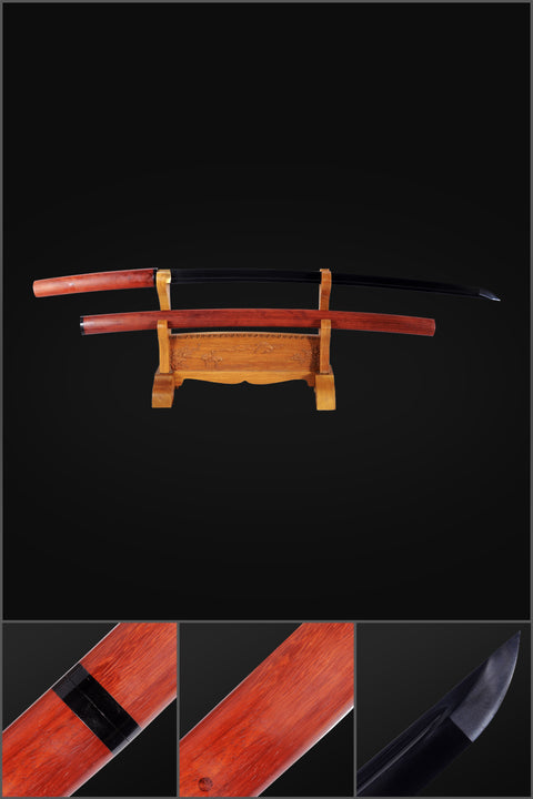 Hand Forged Japanese Shirasaya Katana Sword Folded Steel Black Blade Redwood Saya With Buffalo Horn-COOLKATANA